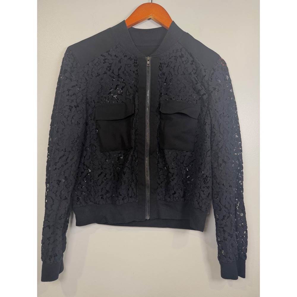 Womens Black Lace Bomber Jacket Sheer Medium Floral Grunge Witchy Punk Edgy Rock